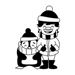 boy and penguin with hat and scarf in white background