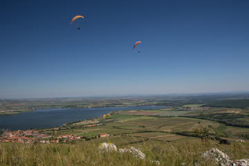 Paragliders above south moravia, P&aacute;lava, czech republic