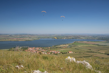 Paragliders above south moravia, Pálava, czech republic