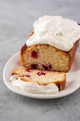 Cake with raspberries and whipped cream. Copy space.