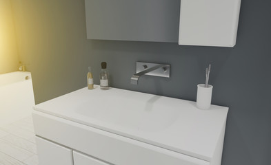 Bathroom interior in gray tones. White furniture. Big window. Close-up. 3D rendering Sunset
