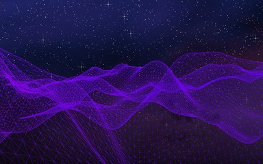 Abstract ultraviolet landscape on a dark background. Purple cyberspace grid. hi tech network. Outer space. Violet starry outer space texture. 3D illustration