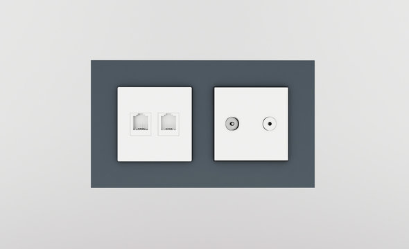 Multi Socket Wall Outlet With Electrical, Ethernet, Cable Or Satellite TV Connections And Light Switch.. 3D Rendering