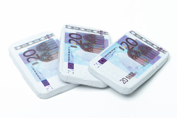 Chocolate banknote of 20 euros, money, candy, sweets, Sinterklaas, typical Dutch,  isolated background