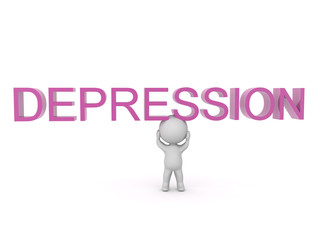 3D Character with text saying depression above him