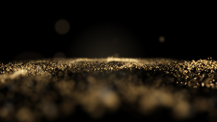 Golden glitter blurred sand texture border on black, abstract background with copy space.