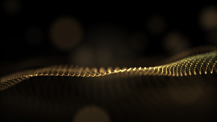 A bright golden particulate 3D rendered DNA on a black bokeh background.