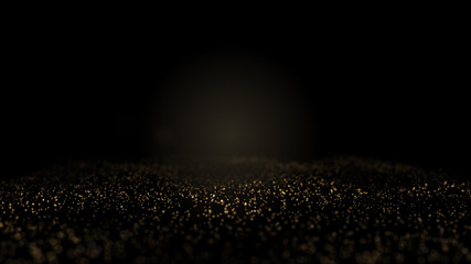 Golden glitter sand texture border on black, abstract background with copy space.