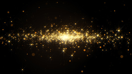 Abstract background with golden light bokeh particles in motion.