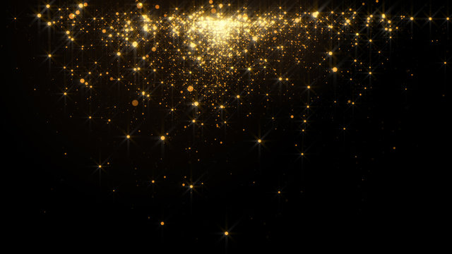 Fiery golden glowing star-like particles falling down over black background.