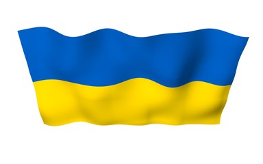 The flag of Ukraine on a white background. National flag and state ensign. Blue and yellow bicolour. 3D illustration waving flag