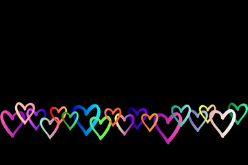 Valentine's day greeting card. Gradient hearts on a black background. Color trend border for cover. Vector illustration of a frame from  heart elements pattern. Trendy template for decor, banner