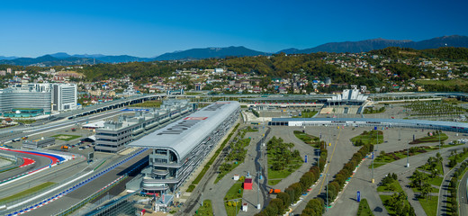 Sochi, Russia - October 2019: aerial view of the Sochi Autodrom in the Olympic Park and the railway station