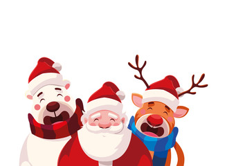 card of christmas with santa claus and animals in white background