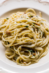 Pasta Spaghetti with Four Cheese Parmesan, Roquefort, Gravy, Gorgonzola, Cream and Garlic and Black Pepper.