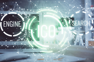 Multi exposure of blockchain theme hologram and table with computer background. Concept of bitcoin crypto currency.
