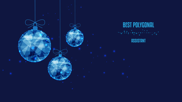 New Year polygonal balls. Background of beautiful dark blue night sky. Low poly.
