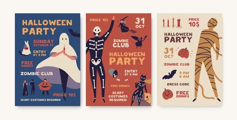 Halloween party poster templates pack. Holiday entertainment event, masquerade creepy invitation. Helloween advertising brochure, flyer, design layout. Spooky mummy, skeleton costumes illustration.