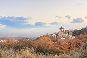 Beautiful view of St. Andrew's Church and St. Andrew's Descent in Kyiv, Ukraine