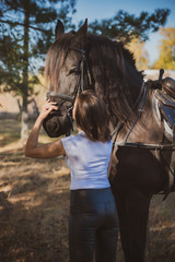 Obraz premium Rider elegant woman talking to her horse. Portrait of riding horse with woman . Equestrian horse with rider at nature 