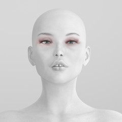 Beauty sexy woman front face portrait. Beautiful bald fashion model girl with fresh clean skin and eye makeup. Young female looking at camera. Cosmetics and skin care concept on a grey background, 3D