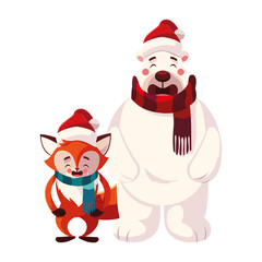 polar bear and fox with hat in white background