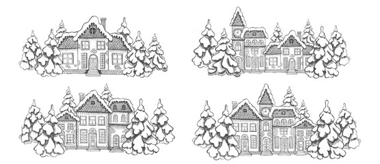 Fototapeta premium Christmas Greeting card. Illustration of houses. Set of hand drawn buildings. 