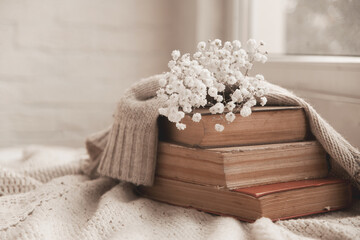 vintage books with airy flowers and a knitted sweater on the table