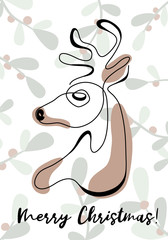 Continuous line drawing abstract deer. Modern one line animal illustration, aesthetic contour. Merry Christmas card with head of reindeer and mistletoe. Vector illustration