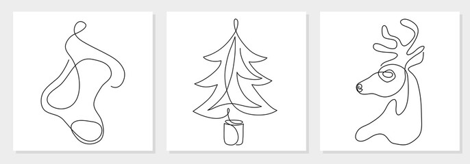 One line drawing Christmas tree, reindeer head, stocking. Modern continuous line art, aesthetic contour. Collection of xmas symbols for greeting card, prints, poster, sticker, banner, invites. Vector  - 297316179