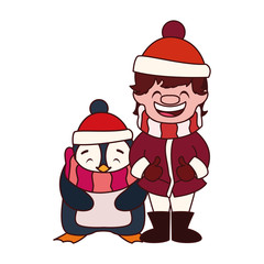 boy and penguin with hat and scarf in white background