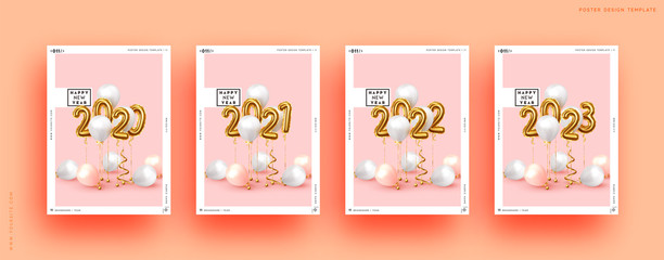 Fototapeta na wymiar Happy New Year 2020. Golden number 2020 to 2023. Background realistic gold balloons. Object render 3d ballon with ribbon. Celebrate party Poster, banner, Set cover card, brochure, flyer, layout design