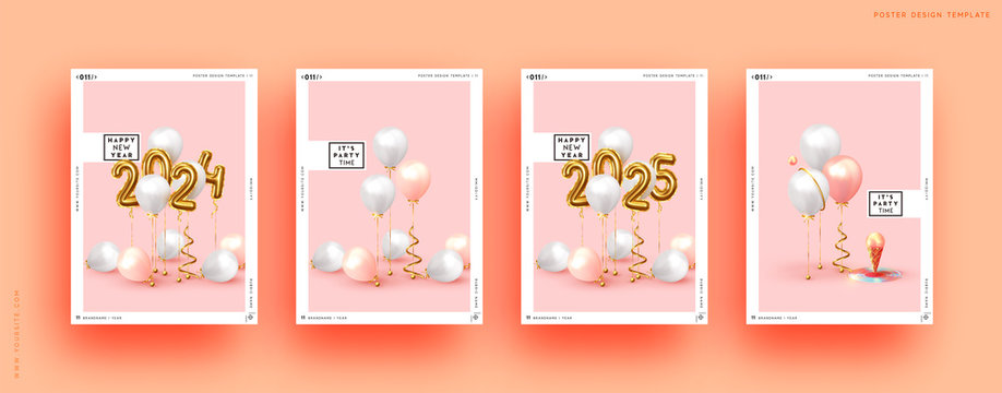 Happy New Year 2024. Golden number 2025. Background realistic gold balloons. Object render 3d ballon with ribbon. Celebrate party Poster, banner, Set cover card, brochure, flyer, layout design