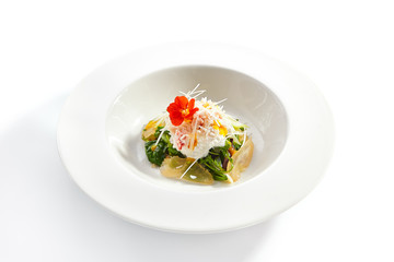 Red king crab with spinach and pear top view