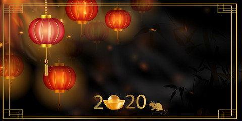 2020 Chinese New Year Rat zodiac sign. Red and gold festive background with rat. 