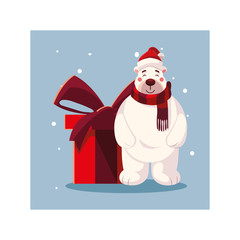 polar bear with gift box in winter landscape