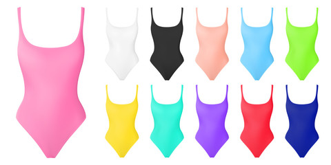 Swimming suit realistic vector. One piece swimsuits collection. Trendy modern colors. Summer fashion. Mock up. Swimwear design.