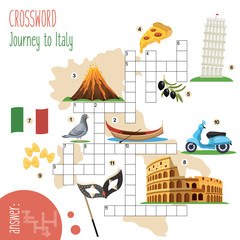 Fototapeta premium Easy crossword puzzle 'Journey to Italy', for children in elementary and middle school. Fun way to practice language comprehension and expand vocabulary. Includes answers. Vector illustration.