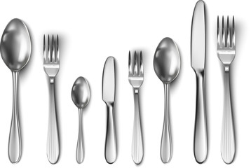 3d realistic cutlery set with table knife, spoon, fork, tea spoon and fish spoon.