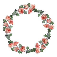 Wreath of flowers chrysanthemums. Hand drawn. Floral round frame for design, greeting card, wedding invitation. Vector.