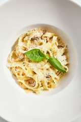 Delicious tagliatelle with porcini mushrooms top view