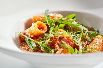Tasty rigatoni with bolognese sauce