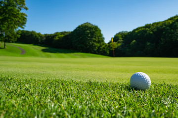 View of Golf Course with beautiful putting green. Golf course with a rich green turf beautiful scenery. - obrazy, fototapety, plakaty