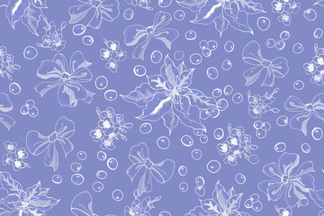 Christmas seamless pattern with berries, flowers, poinsettia and bows on blue background. White outline drawing. Monochrome. For festive design, wrapping paper, textile, greeting cards. Vector.