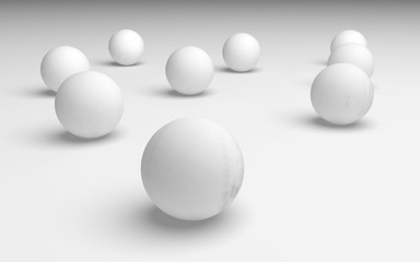 White abstract background. Set of white balls isolated on white backdrop. 3D illustration