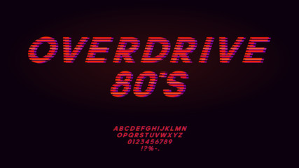 Retrowave synthwave red font design in the style of 1980s. Striped english letters, numbers and symbols. Typography design for headlines, labels, posters, cover. Eps 10.