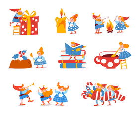Set of cute elf characters celebrate Christmas holidays and do winter activities