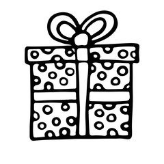 Vector hand drawn outline illustration of square Christmas gift box. Black contour doodle, line art. New Year and Christmas decoration. Coloring book design element. Poster, greeting card template