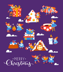 Vector Christmas poster with differents cute elf characters celebrate Christmas