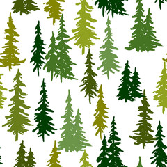 Christmas and New Year vector seamless pattern with green pine trees - 297318915